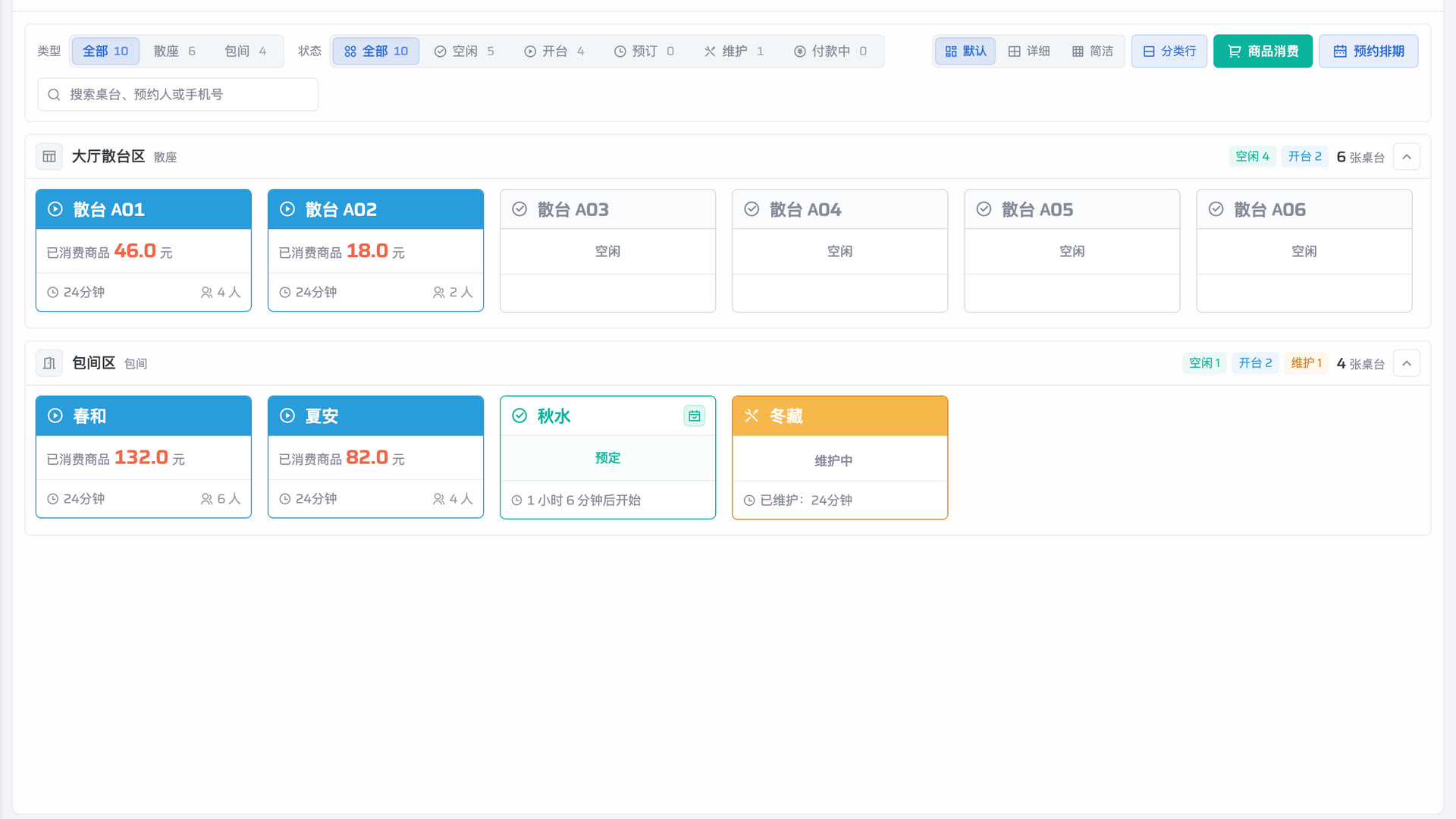 盈序门店房台营业工作台界面